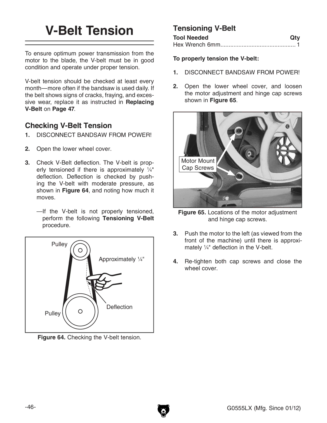 Grizzly G0555LANV owner manual Tensioning V-Belt, Checking V-Belt Tension, To properly tension the V-belt 