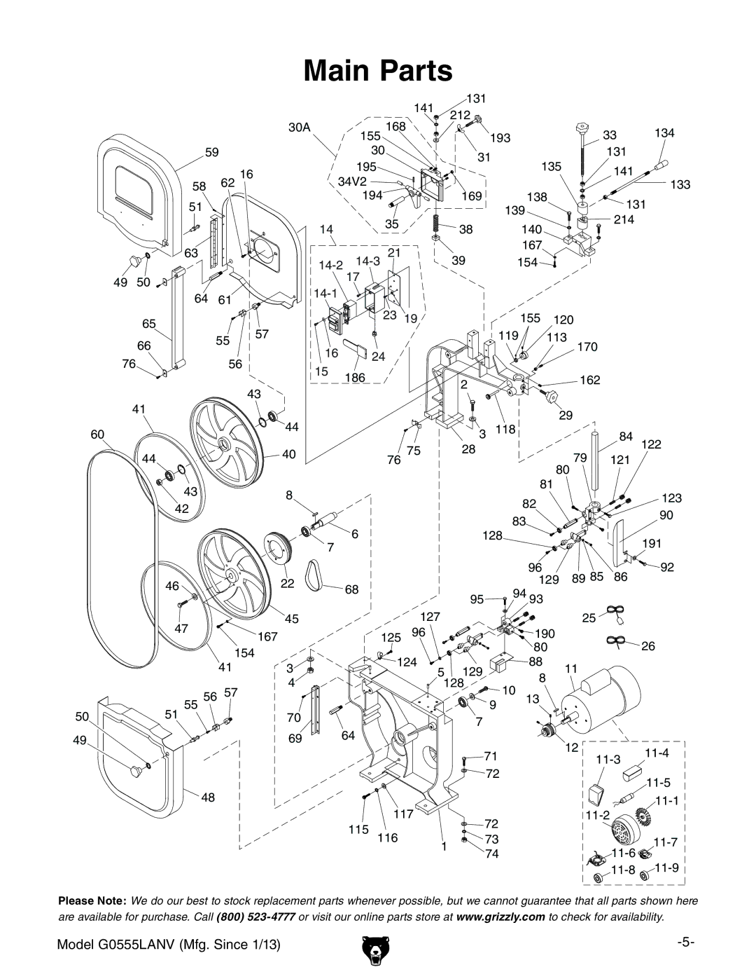 Grizzly G0555LANV owner manual Main Parts 