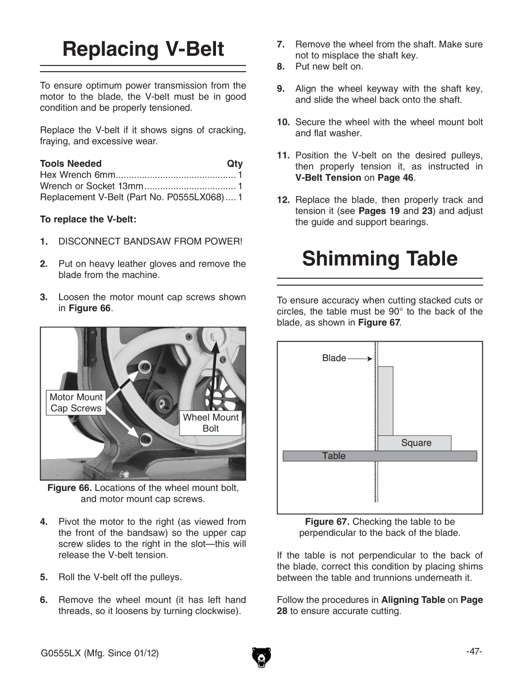 Grizzly G0555LANV owner manual Replacing V-Belt, Shimming Table, To replace the V-belt,  # 