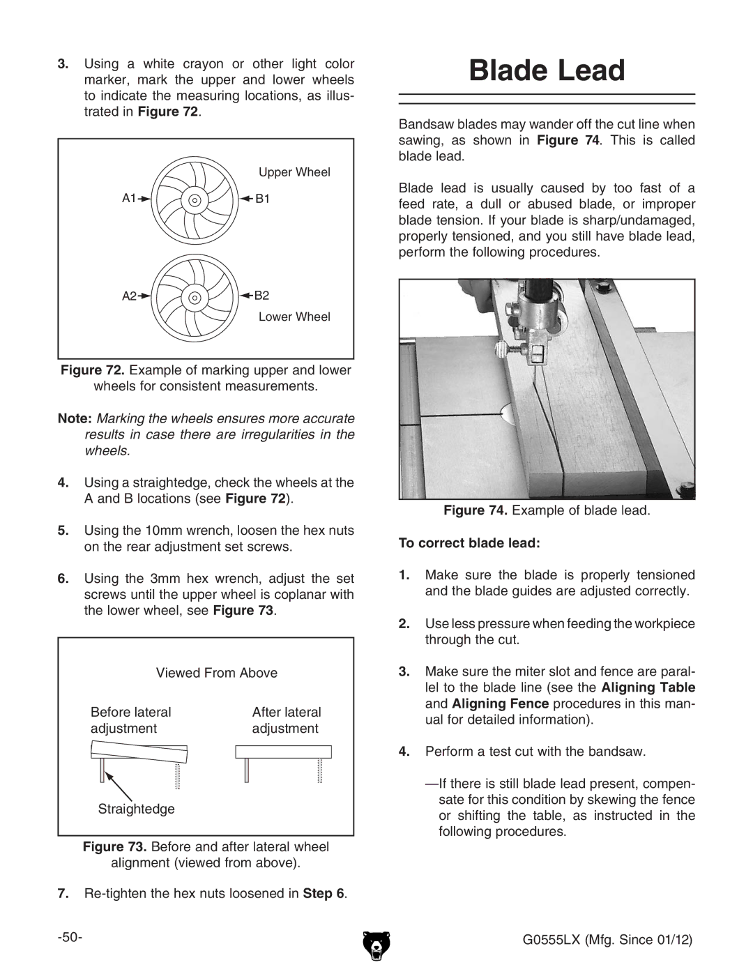 Grizzly G0555LANV owner manual Blade Lead, To correct blade lead 