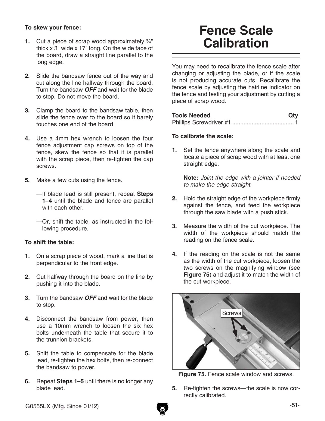 Grizzly G0555LANV owner manual Fence Scale Calibration, To skew your fence, To shift the table, To calibrate the scale 