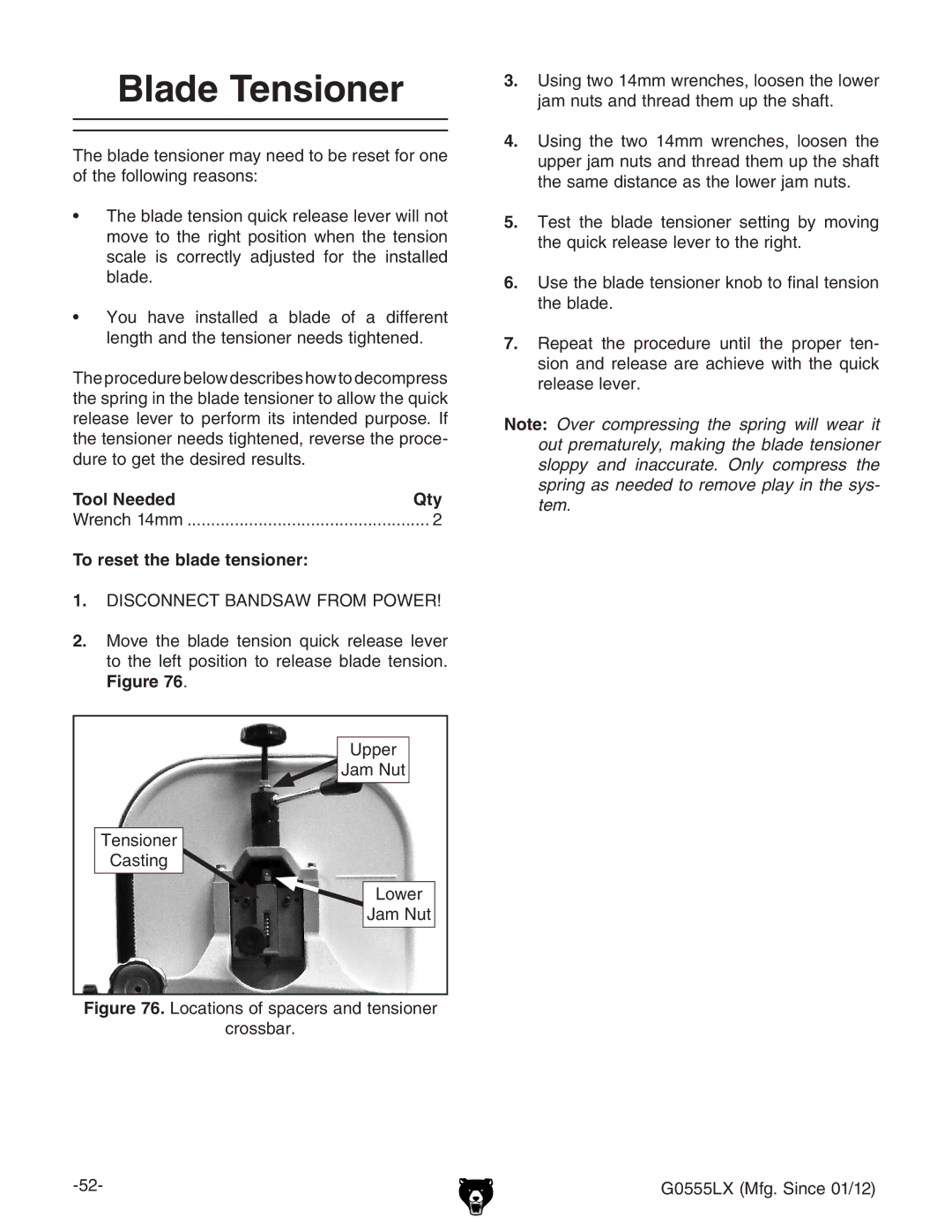 Grizzly G0555LANV owner manual Blade Tensioner, To reset the blade tensioner 