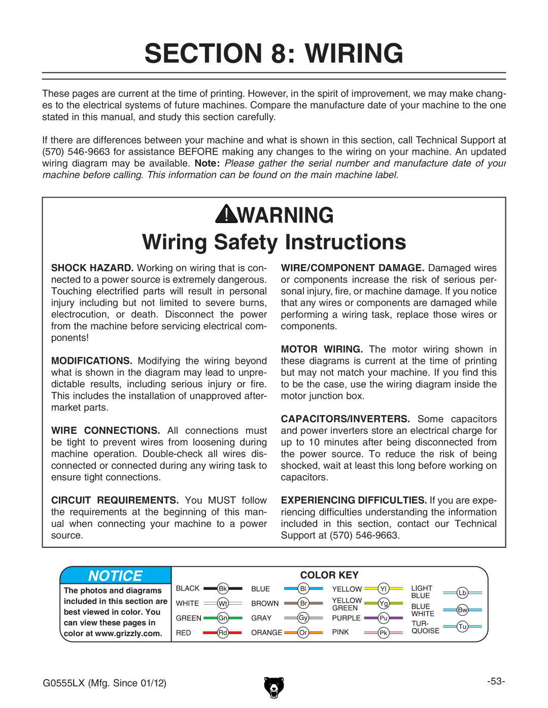 Grizzly G0555LANV owner manual Wiring Safety Instructions, WIRE/COMPONENT DAMAGE.  9VbV\ZY  lgZh  