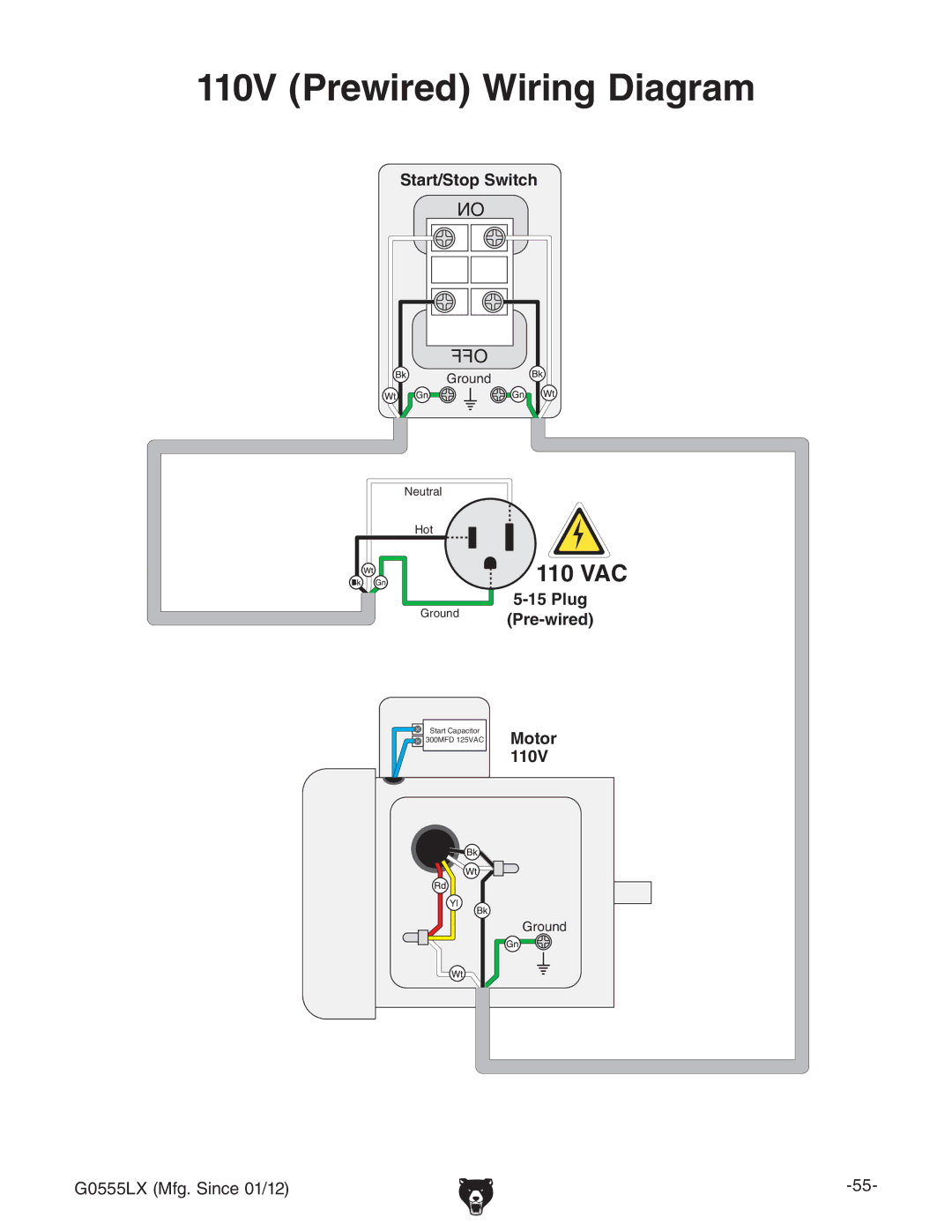 Grizzly G0555LANV owner manual 110V Prewired Wiring Diagram 