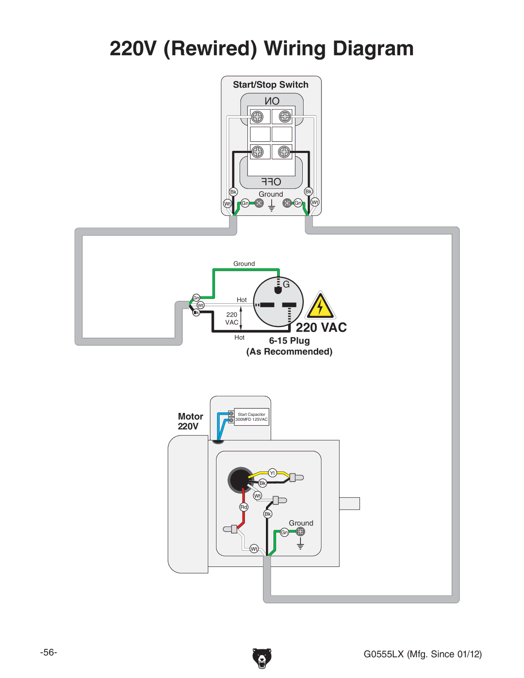 Grizzly G0555LANV owner manual 220V Rewired Wiring Diagram 