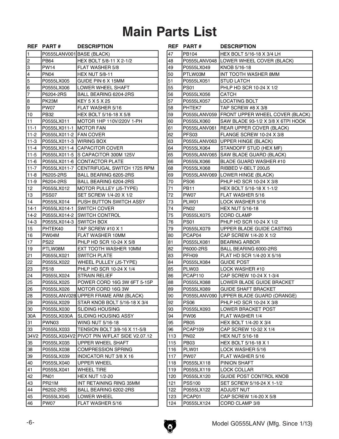 Grizzly G0555LANV owner manual Main Parts List 