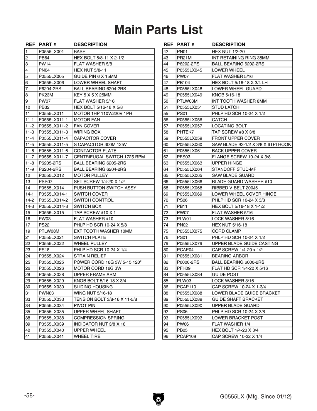 Grizzly G0555LANV owner manual Main Parts List, Description 