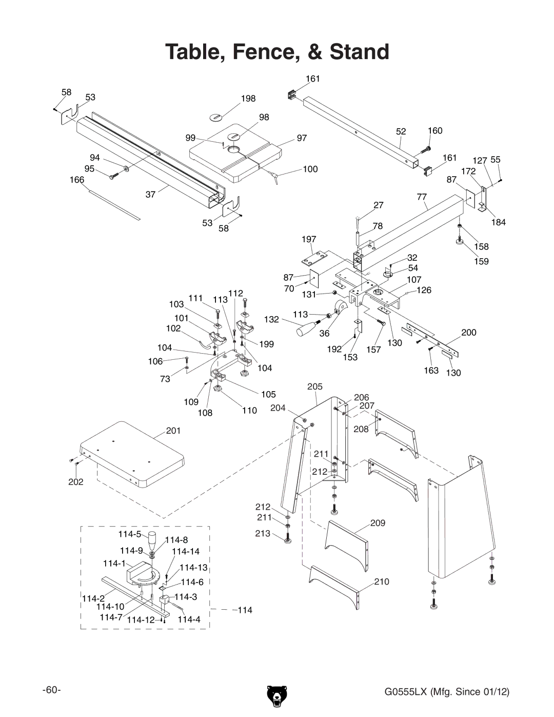 Grizzly G0555LANV owner manual Table, Fence, & Stand 