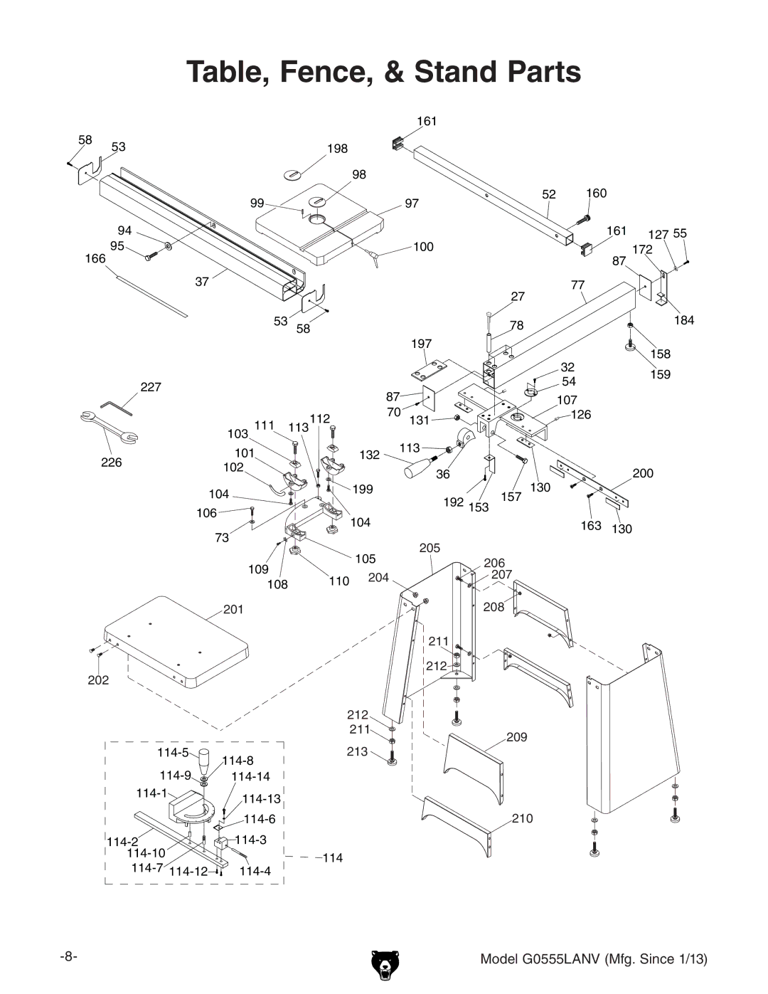 Grizzly G0555LANV owner manual Table, Fence, & Stand Parts 