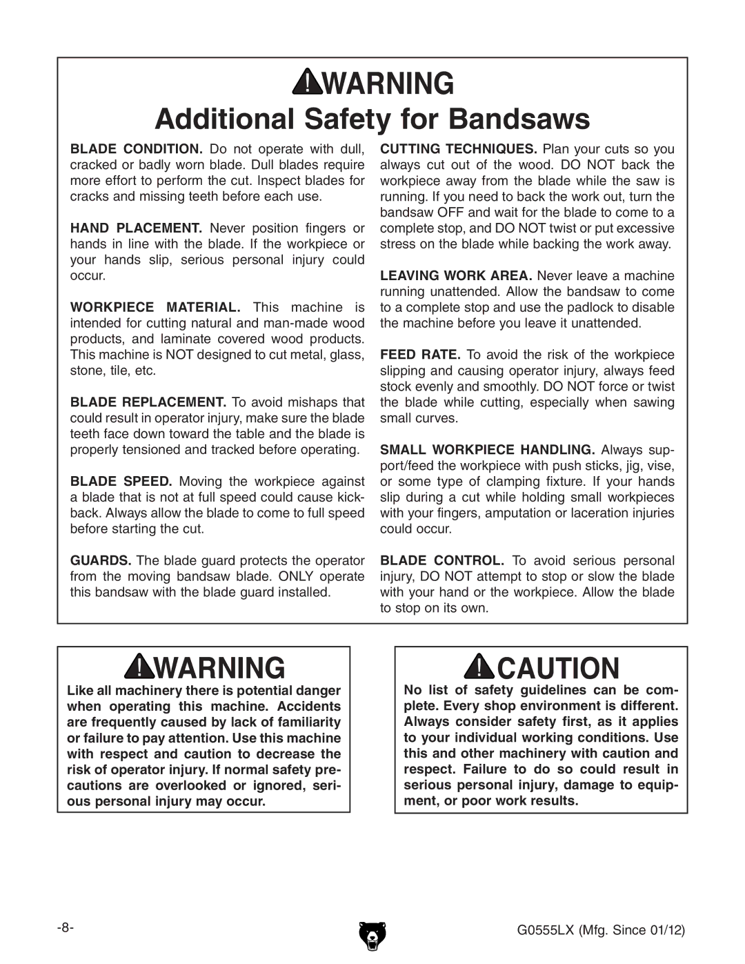 Grizzly G0555LX owner manual Additional Safety for Bandsaws 