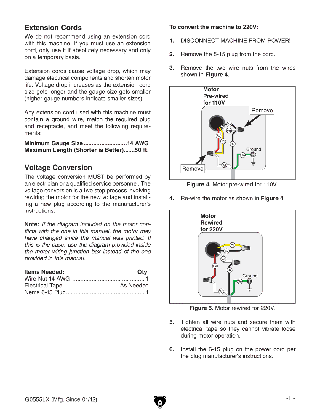 Grizzly G0555LX owner manual Extension Cords, Voltage Conversion 