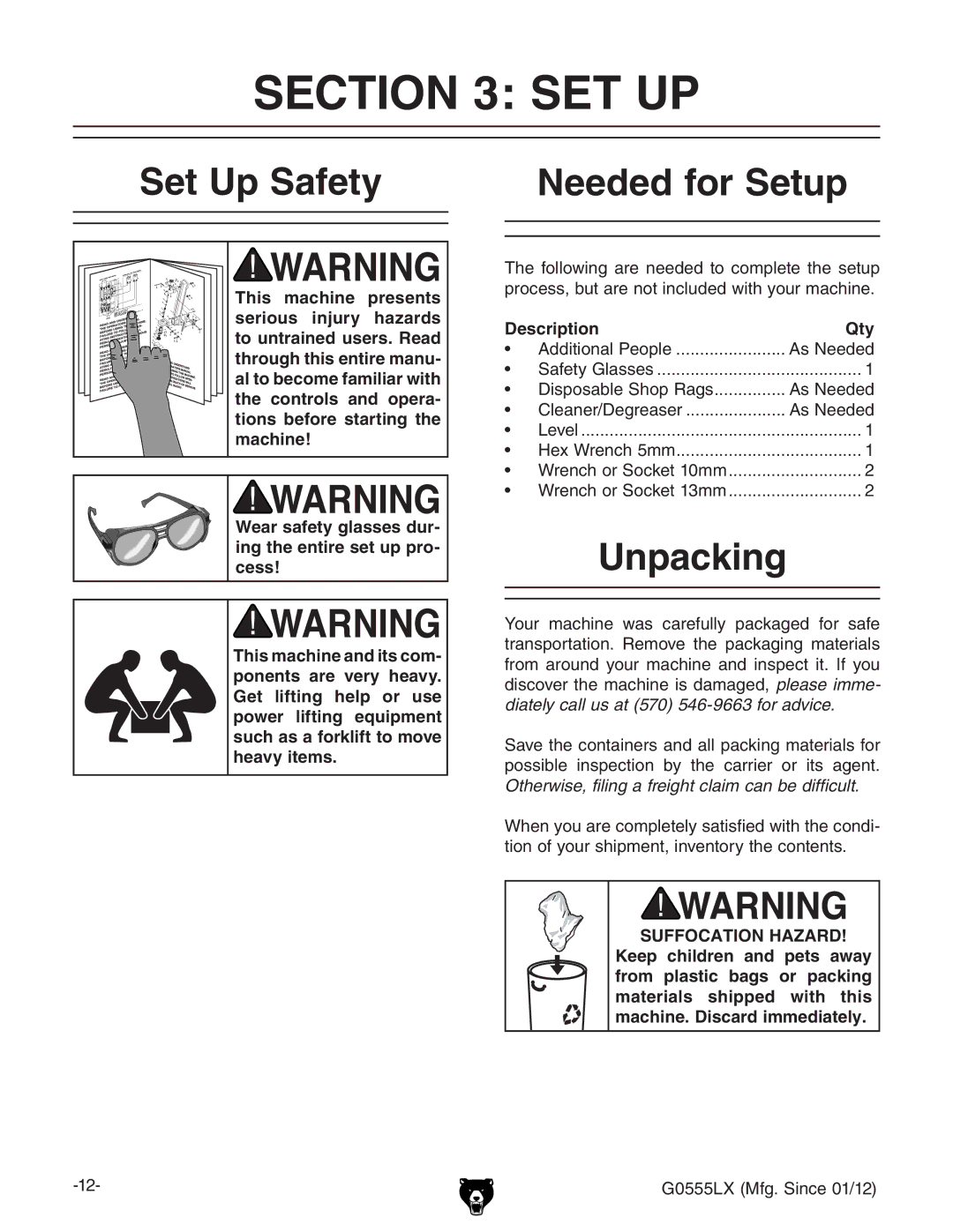 Grizzly G0555LX owner manual Set Up Safety Needed for Setup, Unpacking, Description Qty 