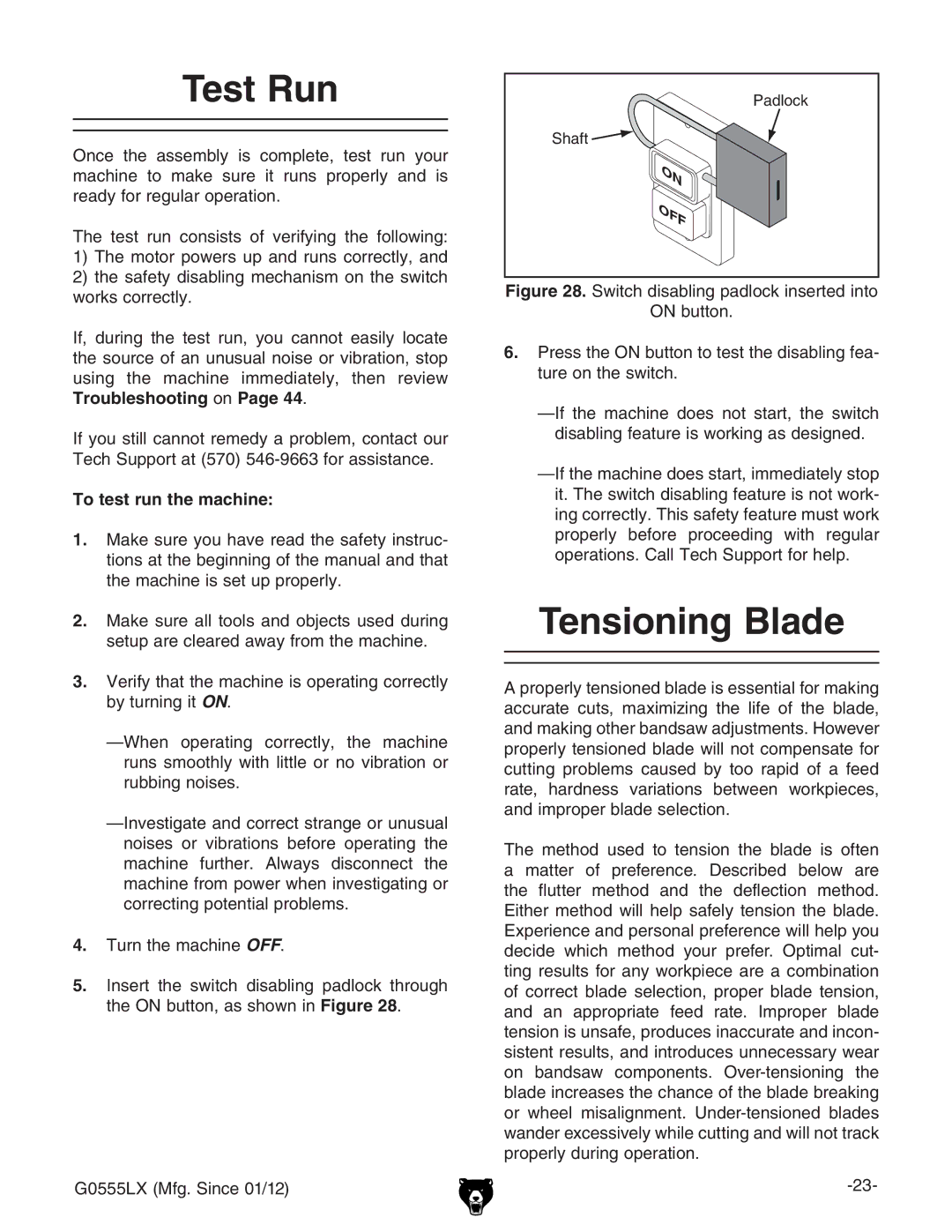 Grizzly G0555LX owner manual Test Run, Tensioning Blade, To test run the machine,  IjgciZbVXcZOFF# 