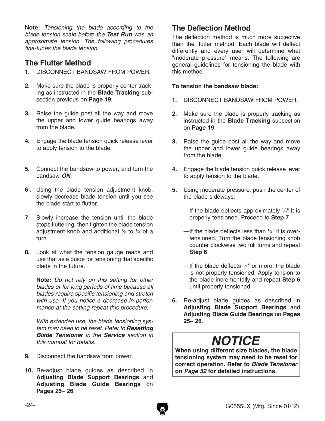 Grizzly G0555LX owner manual Flutter Method, Deflection Method, To tension the bandsaw blade 