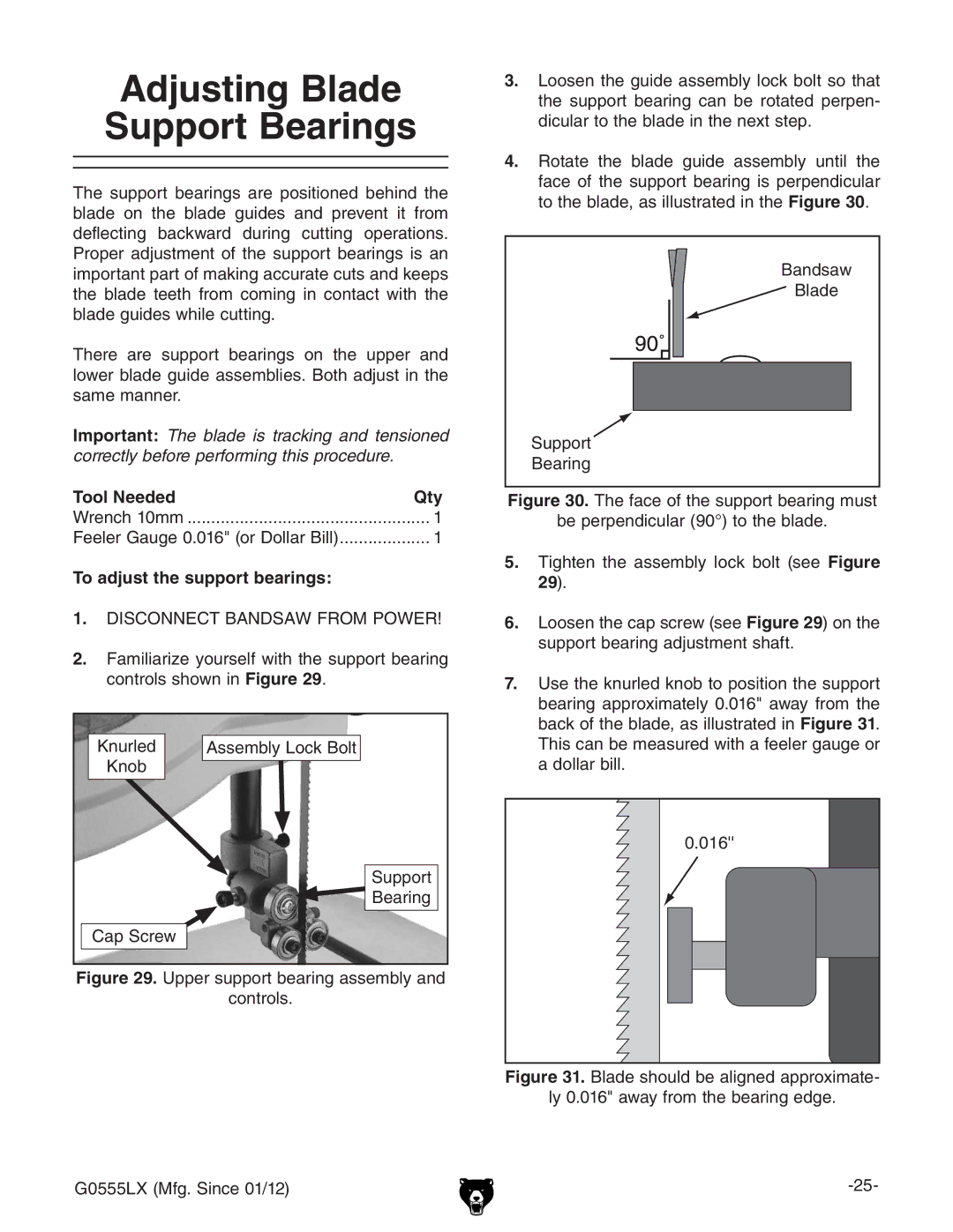 Grizzly G0555LX owner manual Adjusting Blade Support Bearings, Tool NeededQty, To adjust the support bearings 