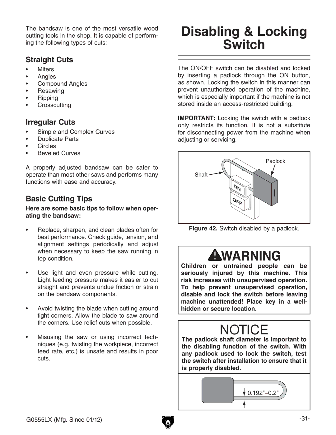 Grizzly G0555LX owner manual Disabling & Locking Switch, Straight Cuts, Irregular Cuts, Basic Cutting Tips, #&.¶%# 