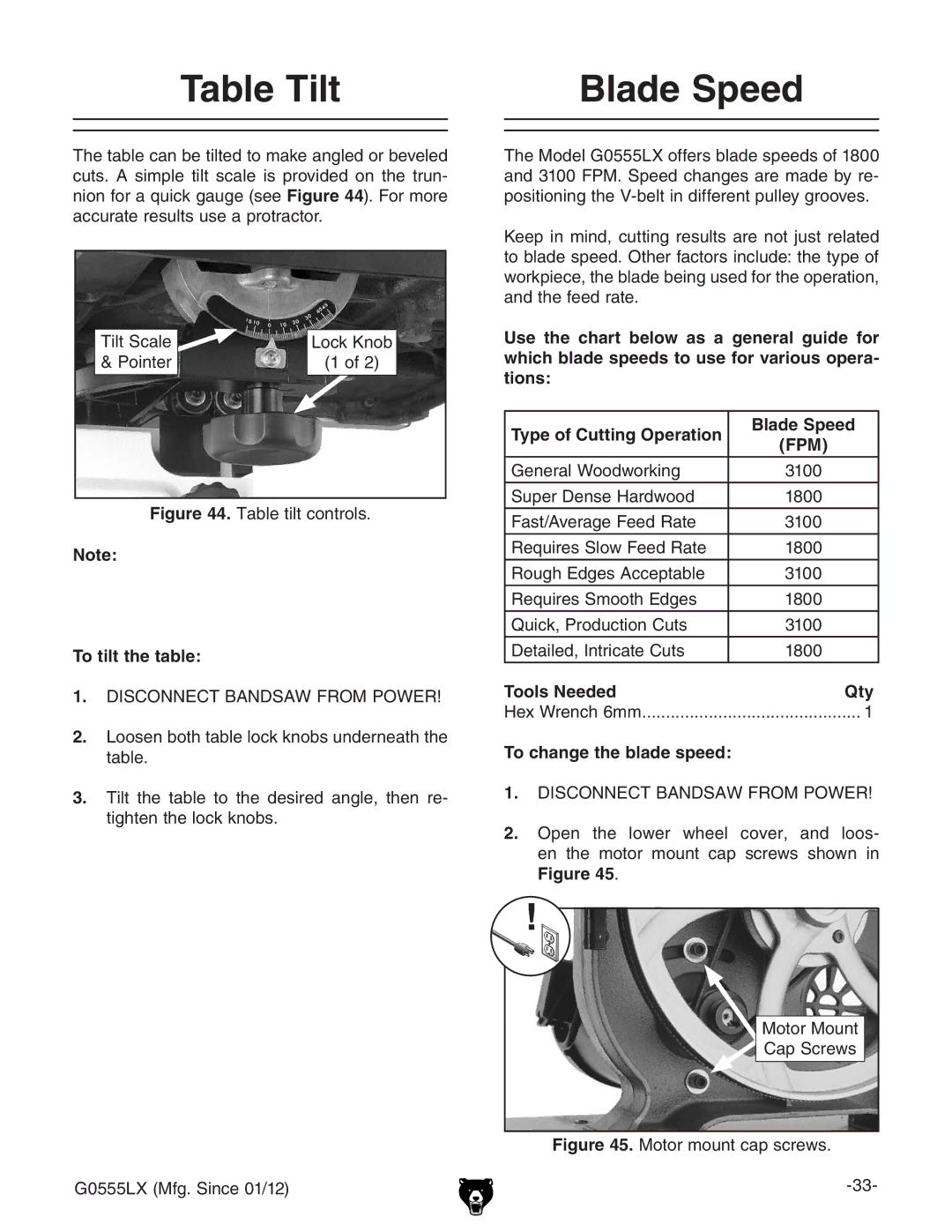 Grizzly G0555LX owner manual Table Tilt Blade Speed, To tilt the table, Tools Needed Qty, To change the blade speed 