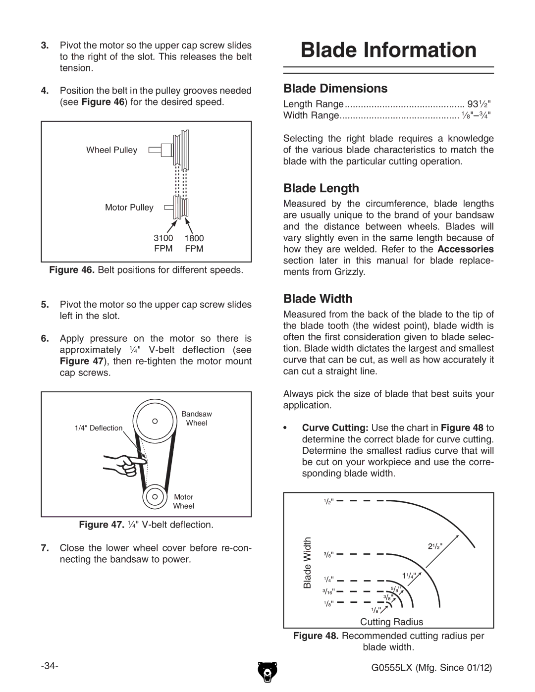 Grizzly G0555LX owner manual Blade Information, Blade Dimensions, Blade Length, Blade Width 