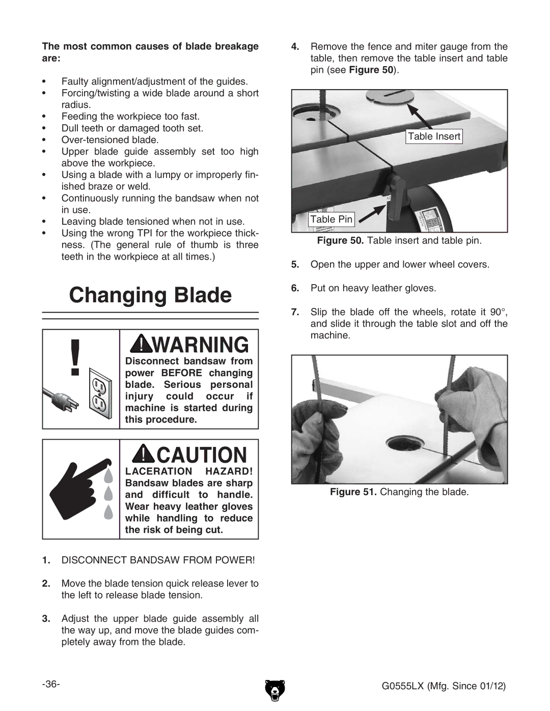 Grizzly G0555LX owner manual Changing Blade, Most common causes of blade breakage are, IVWaZchZgi IVWaZEc 