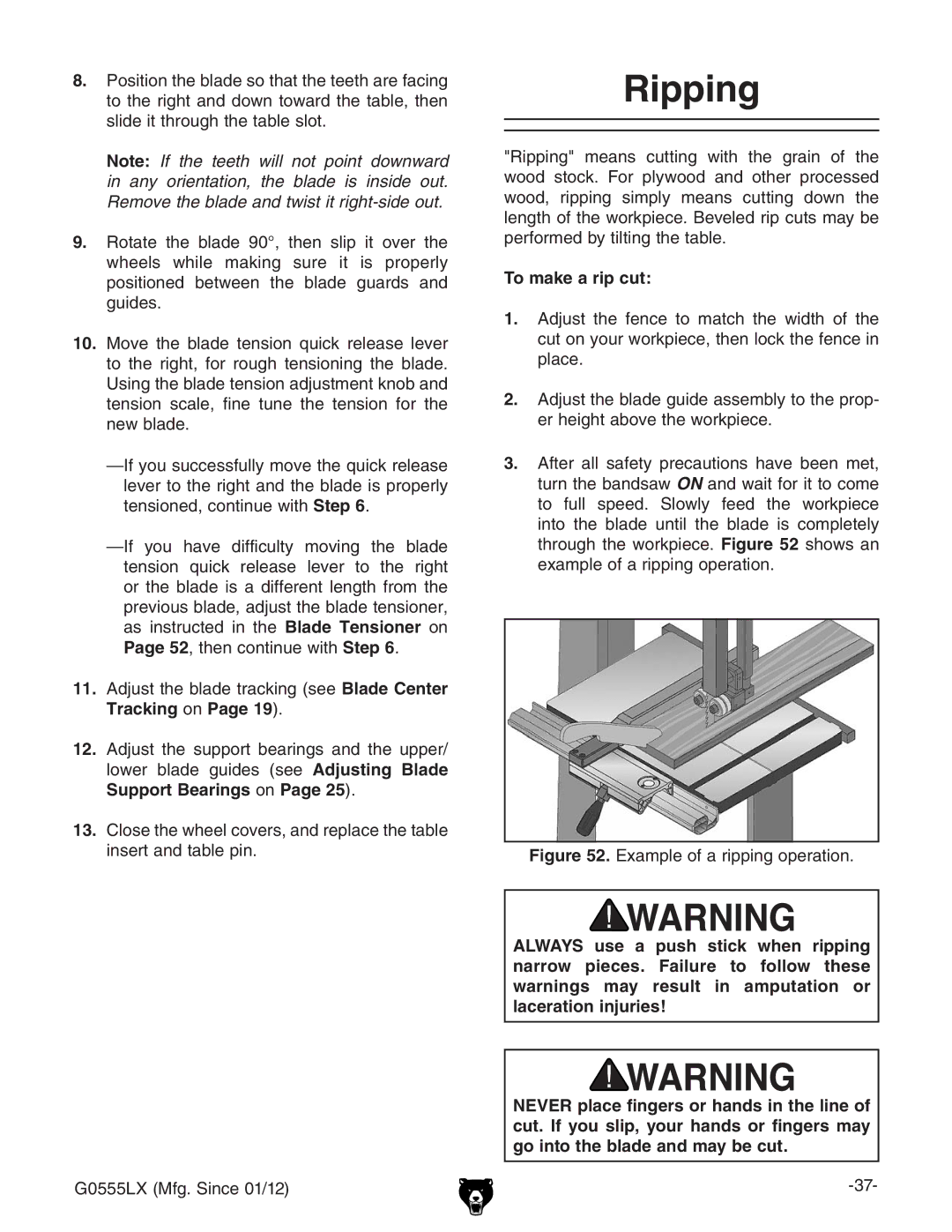 Grizzly G0555LX owner manual Ripping, Trackingdc Page 19#, To make a rip cut 