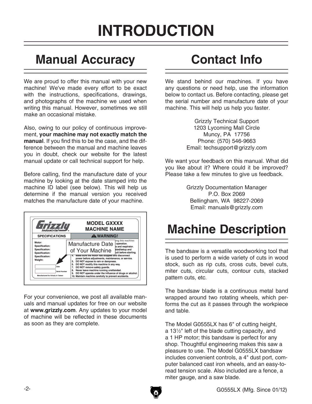 Grizzly G0555LX owner manual Introduction, Manual Accuracy Contact Info, Machine Description, NdjgBVXcZ 