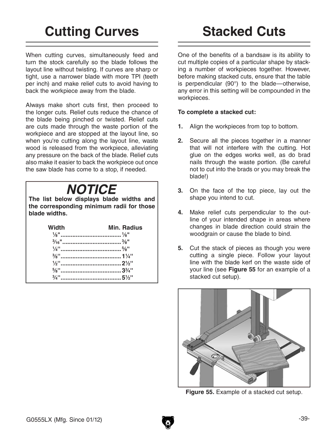 Grizzly G0555LX owner manual Cutting Curves Stacked Cuts, To complete a stacked cut,  6a\ciZldg`eZXZhgdbideidWdiidb# 