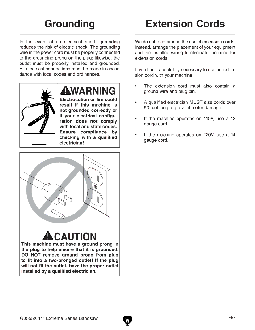 Grizzly G0555X owner manual Grounding Extension Cords 