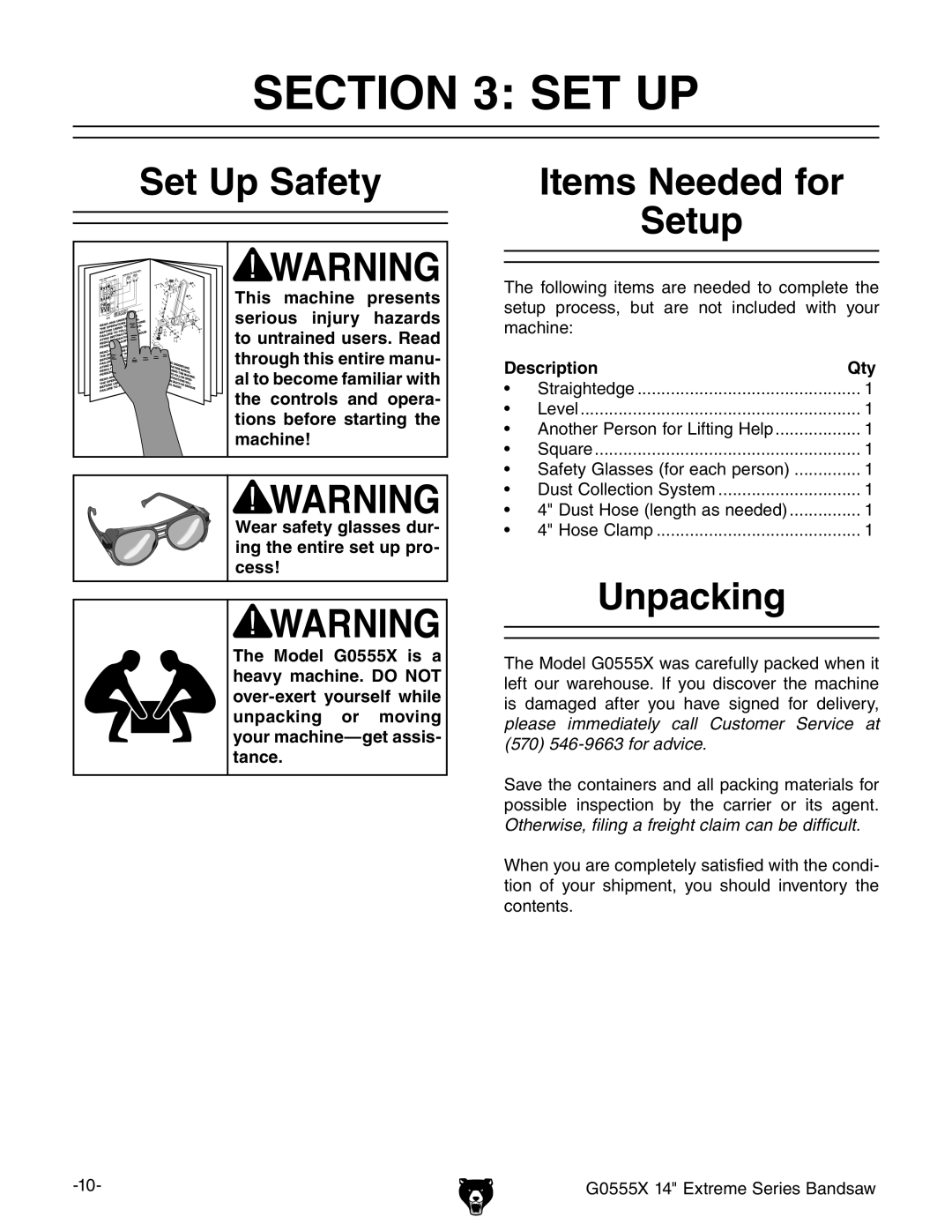 Grizzly G0555X owner manual Set Up Safety, Items Needed for Setup, Unpacking, Description Qty 