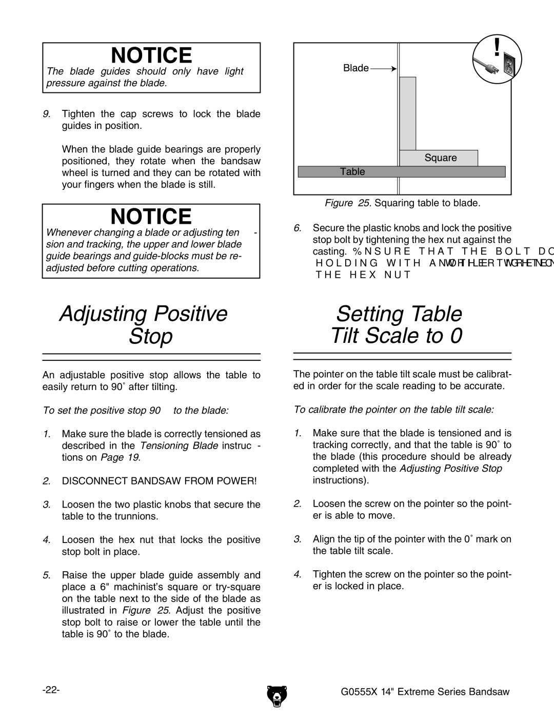 Grizzly G0555X Adjusting Positive Stop, Setting Table Tilt Scale to 0˚, To set the positive stop 90˚ to the blade 