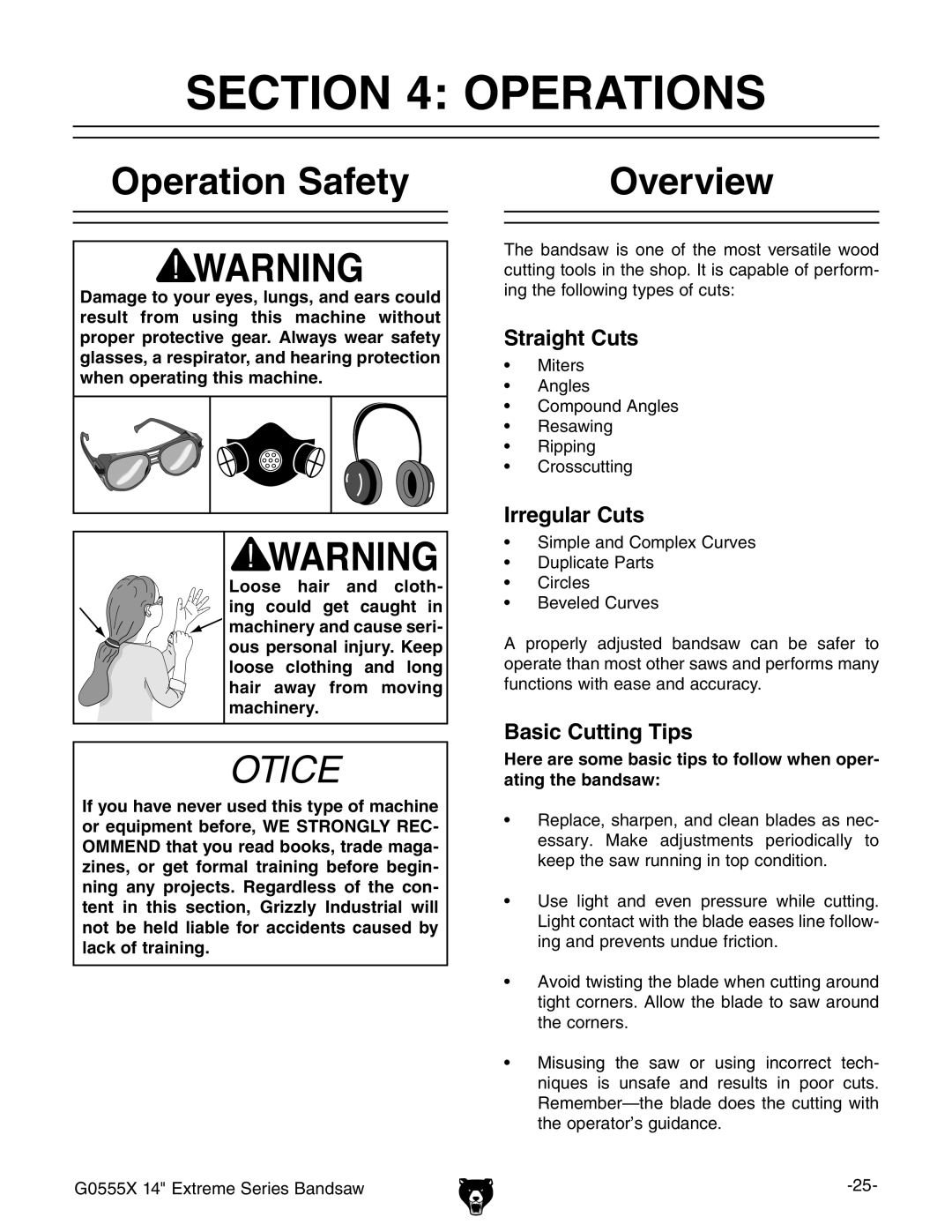 Grizzly G0555X owner manual Operations, Operation Safety, Overview 