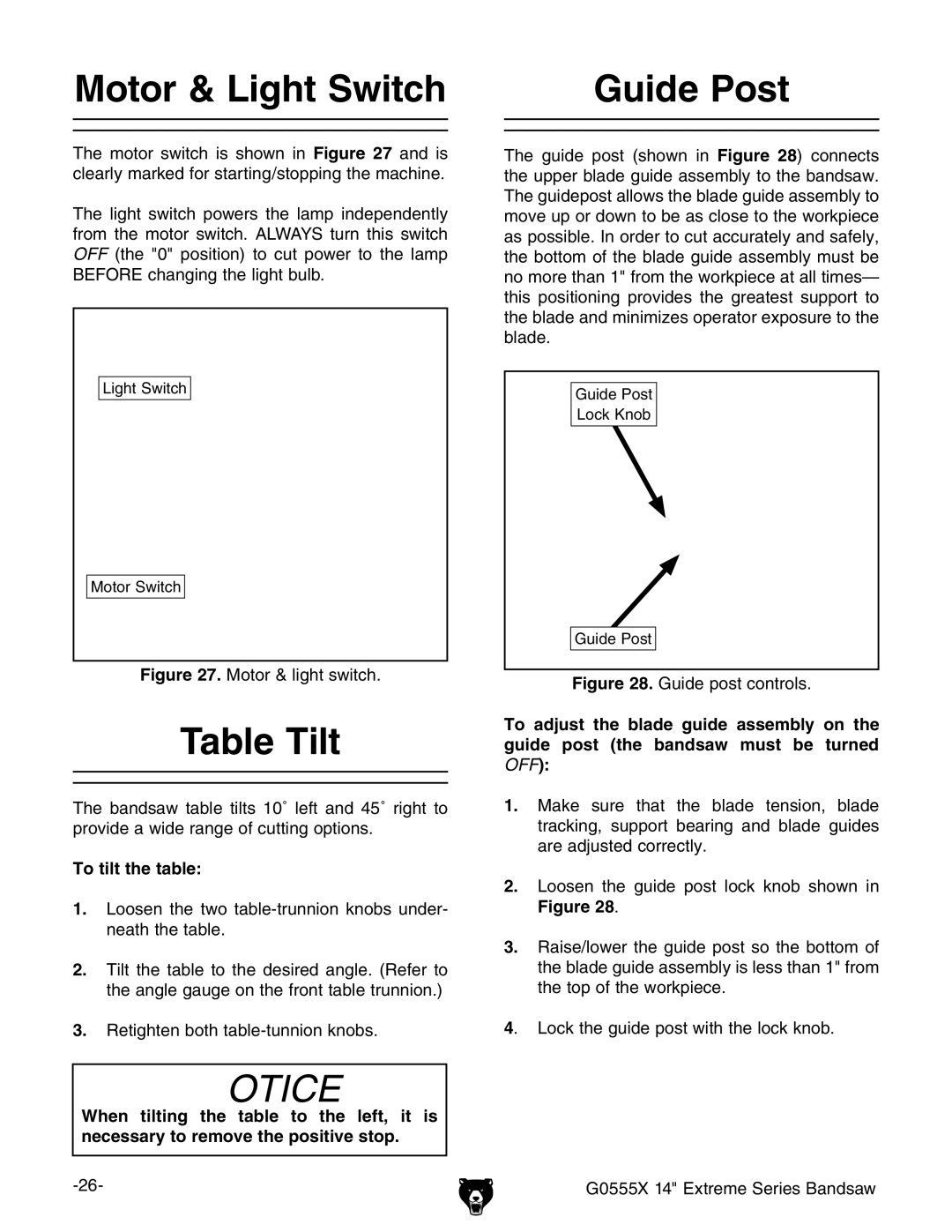 Grizzly G0555X owner manual Guide Post, Table Tilt, To tilt the table 