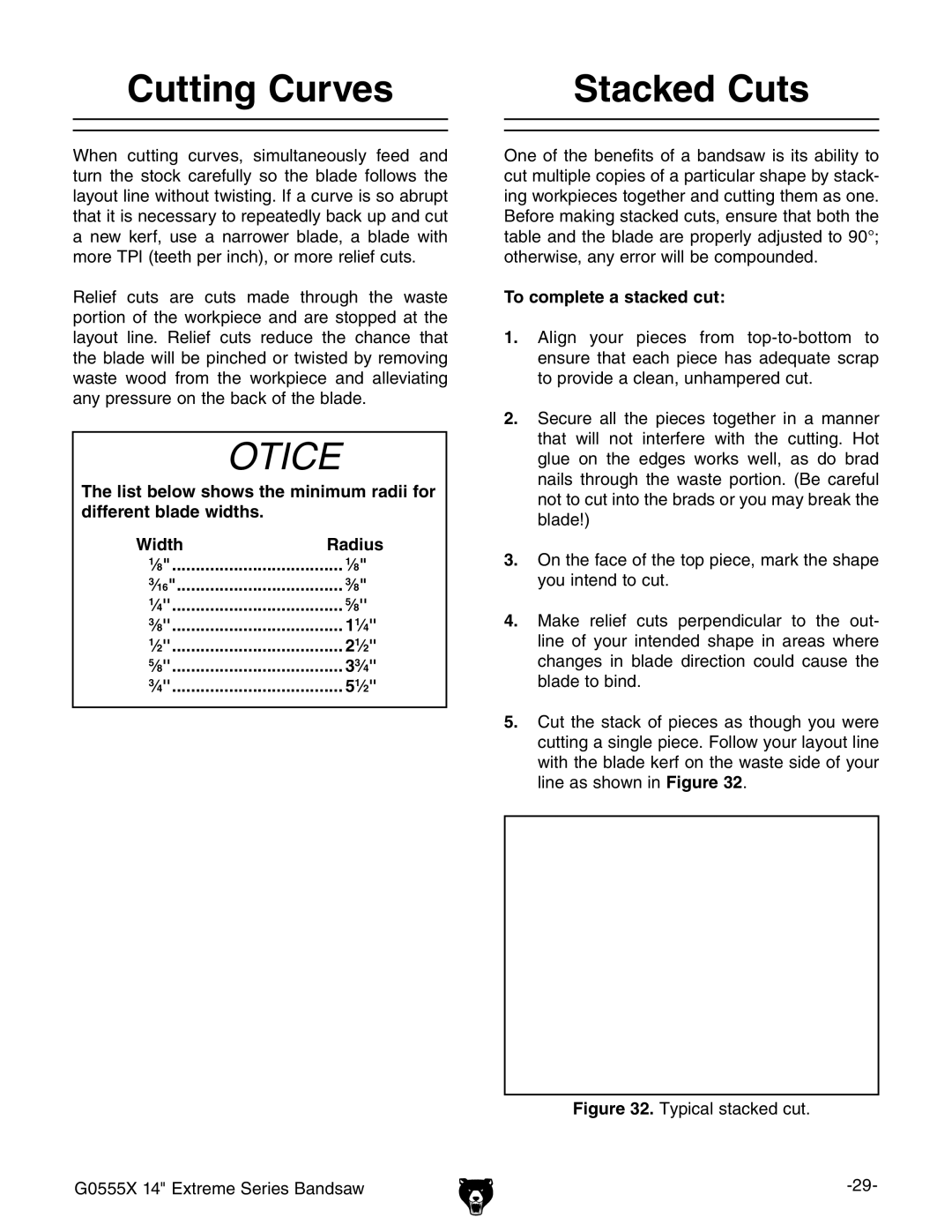 Grizzly G0555X owner manual Cutting Curves Stacked Cuts, To complete a stacked cut 