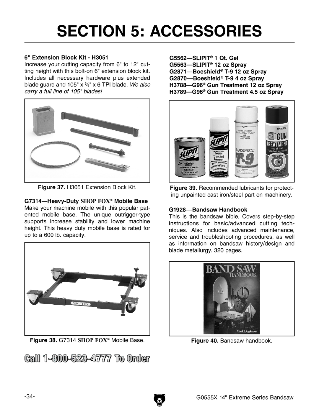 Grizzly G0555X owner manual Accessories, Extension Block Kit H3051, G1928-Bandsaw Handbook 