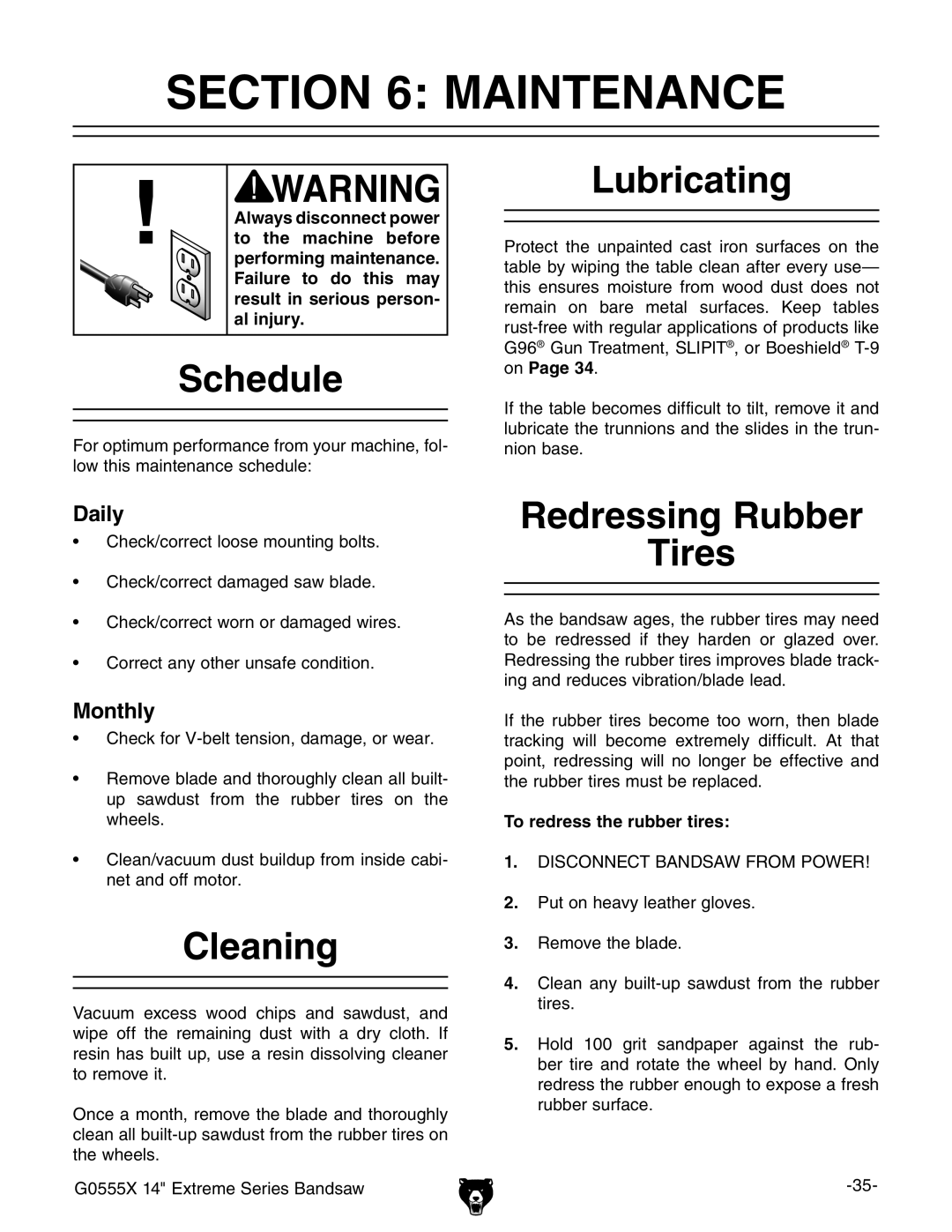 Grizzly G0555X owner manual Maintenance, Schedule, Cleaning, Lubricating, Redressing Rubber Tires 