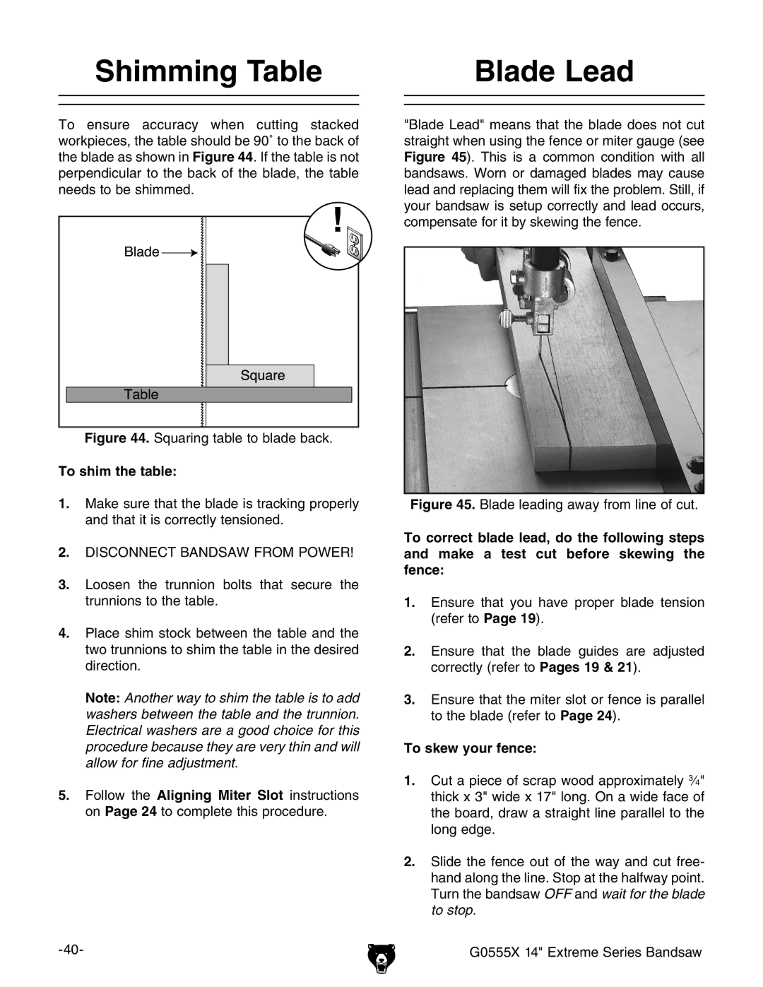 Grizzly G0555X owner manual Shimming Table Blade Lead, To shim the table, To skew your fence 