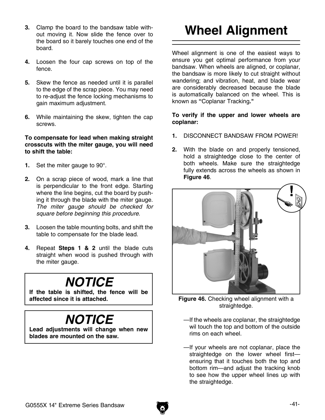 Grizzly G0555X owner manual Wheel Alignment, To verify if the upper and lower wheels are coplanar 