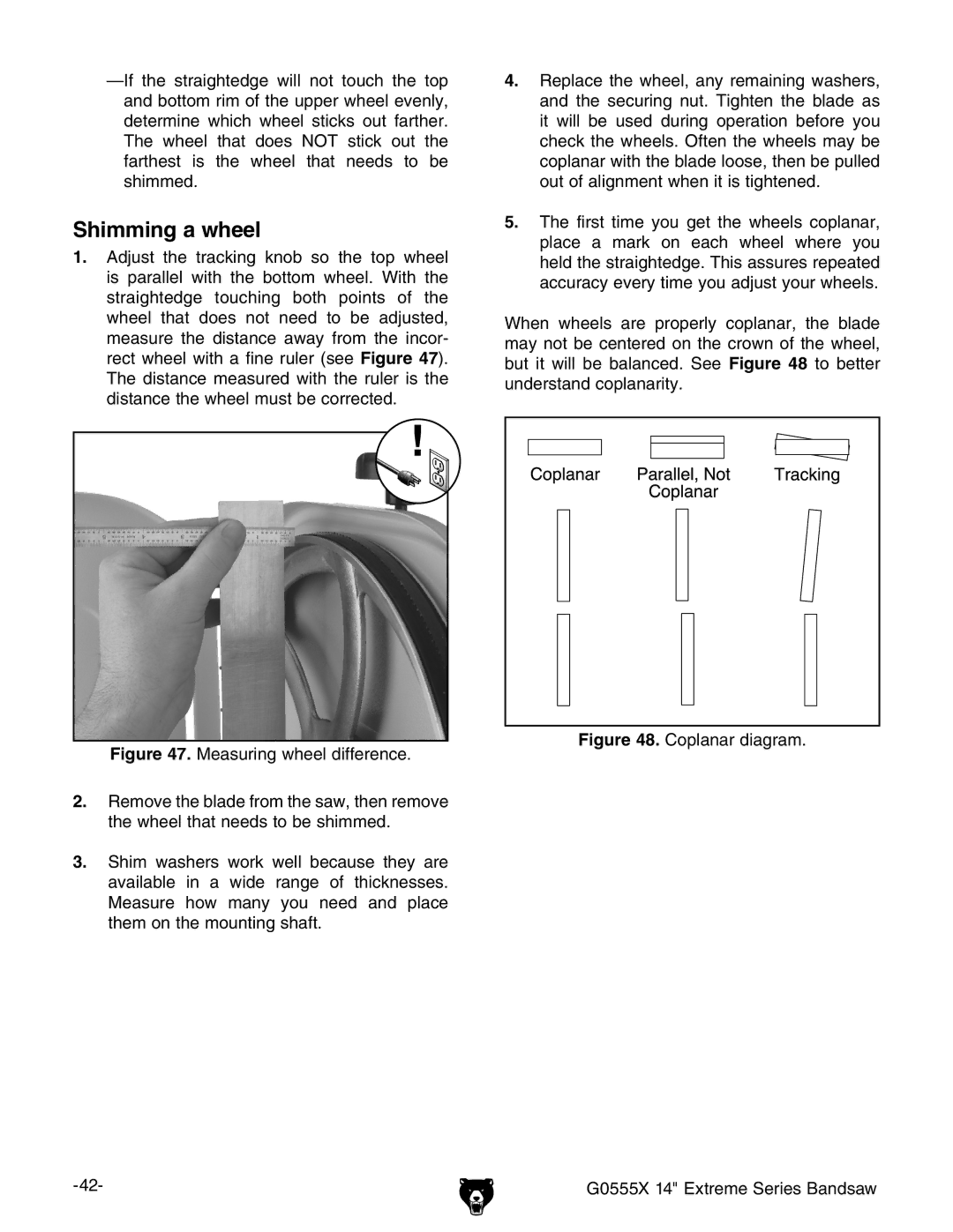 Grizzly owner manual Shimming a wheel, Coplanar diagram G0555X 14 Extreme Series Bandsaw 