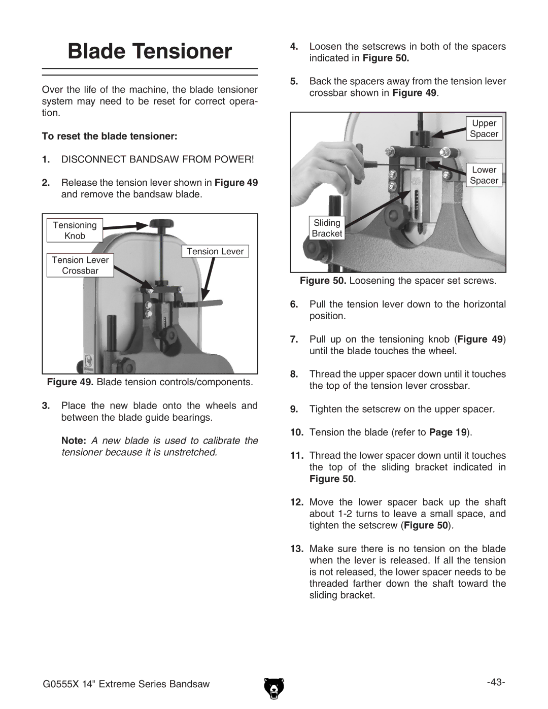 Grizzly G0555X owner manual Blade Tensioner, To reset the blade tensioner 