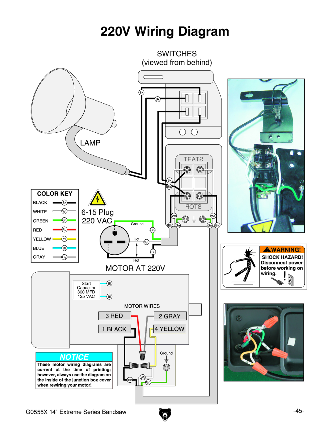 Grizzly G0555X owner manual 220V Wiring Diagram 