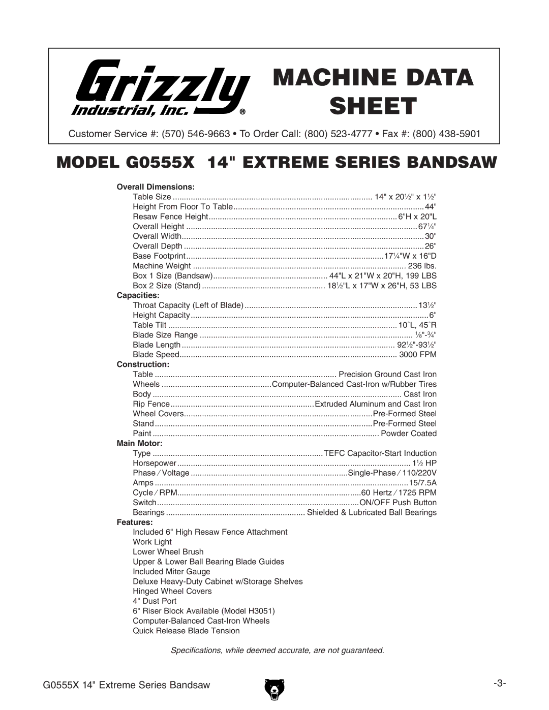 Grizzly G0555X owner manual Machine Data Sheet 