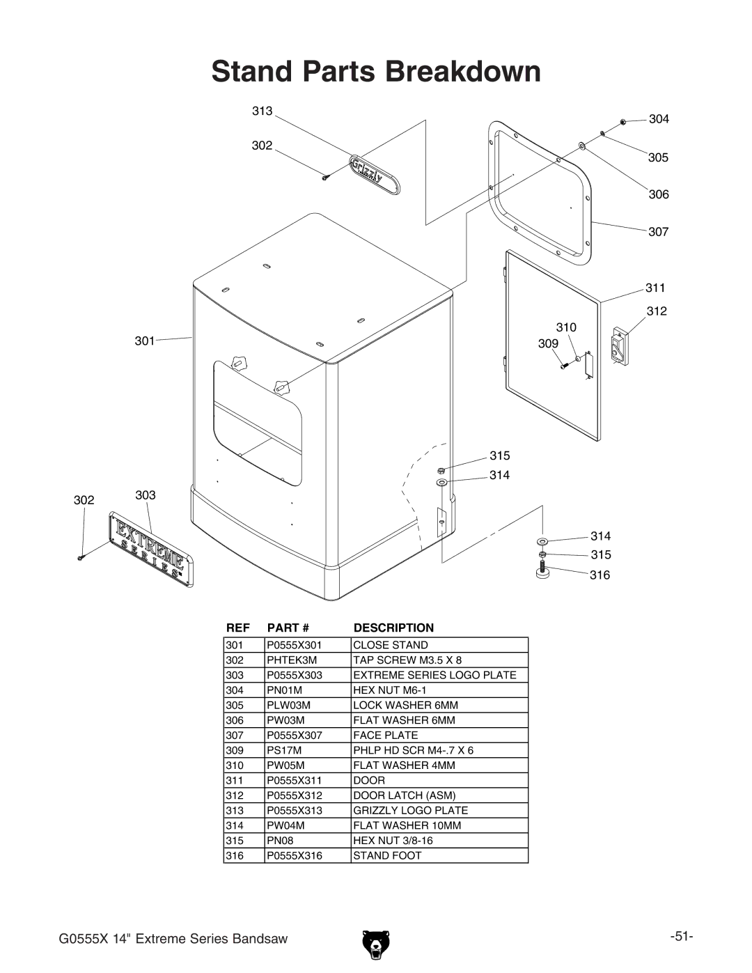 Grizzly G0555X owner manual Stand Parts Breakdown 