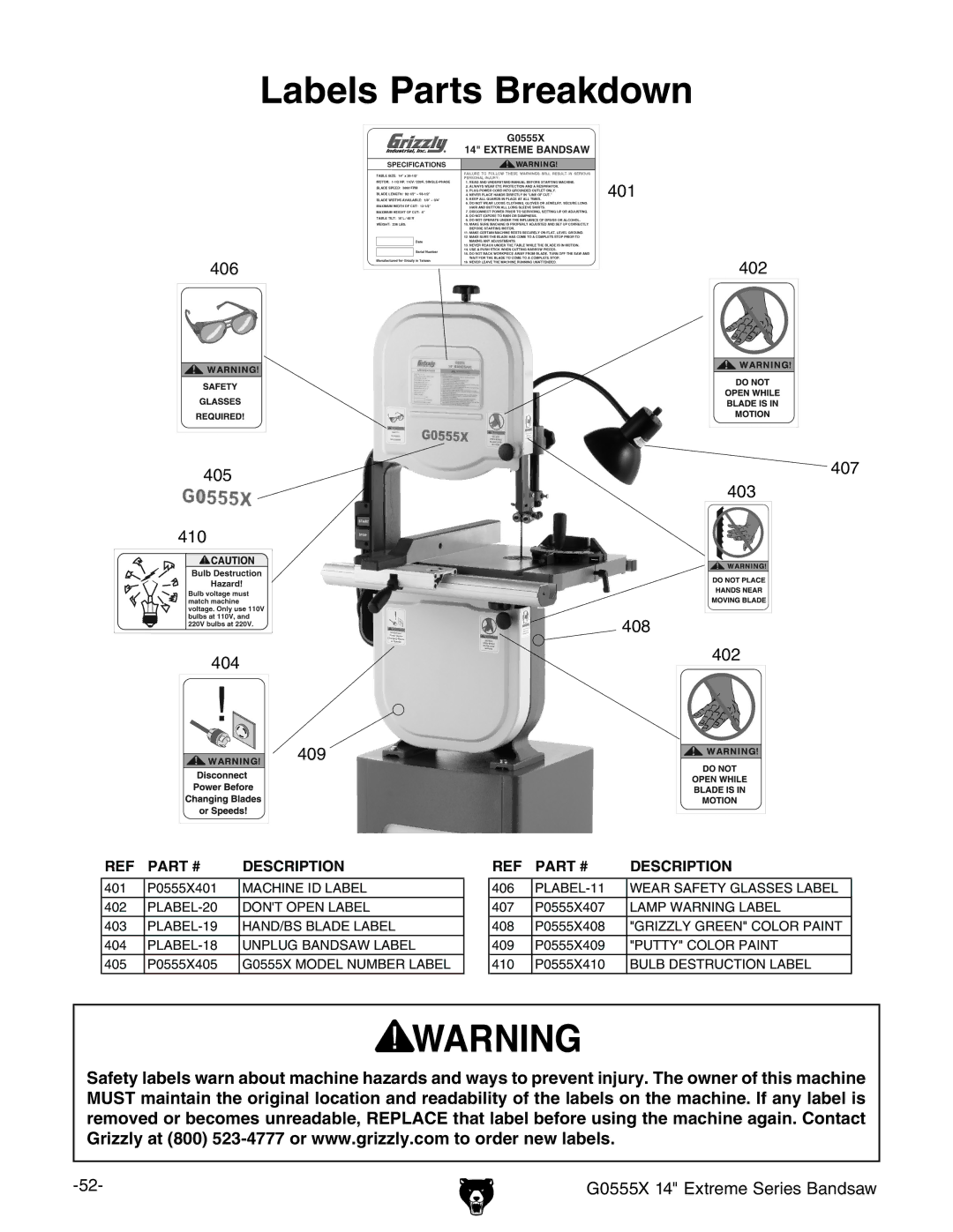 Grizzly G0555X owner manual Labels Parts Breakdown 