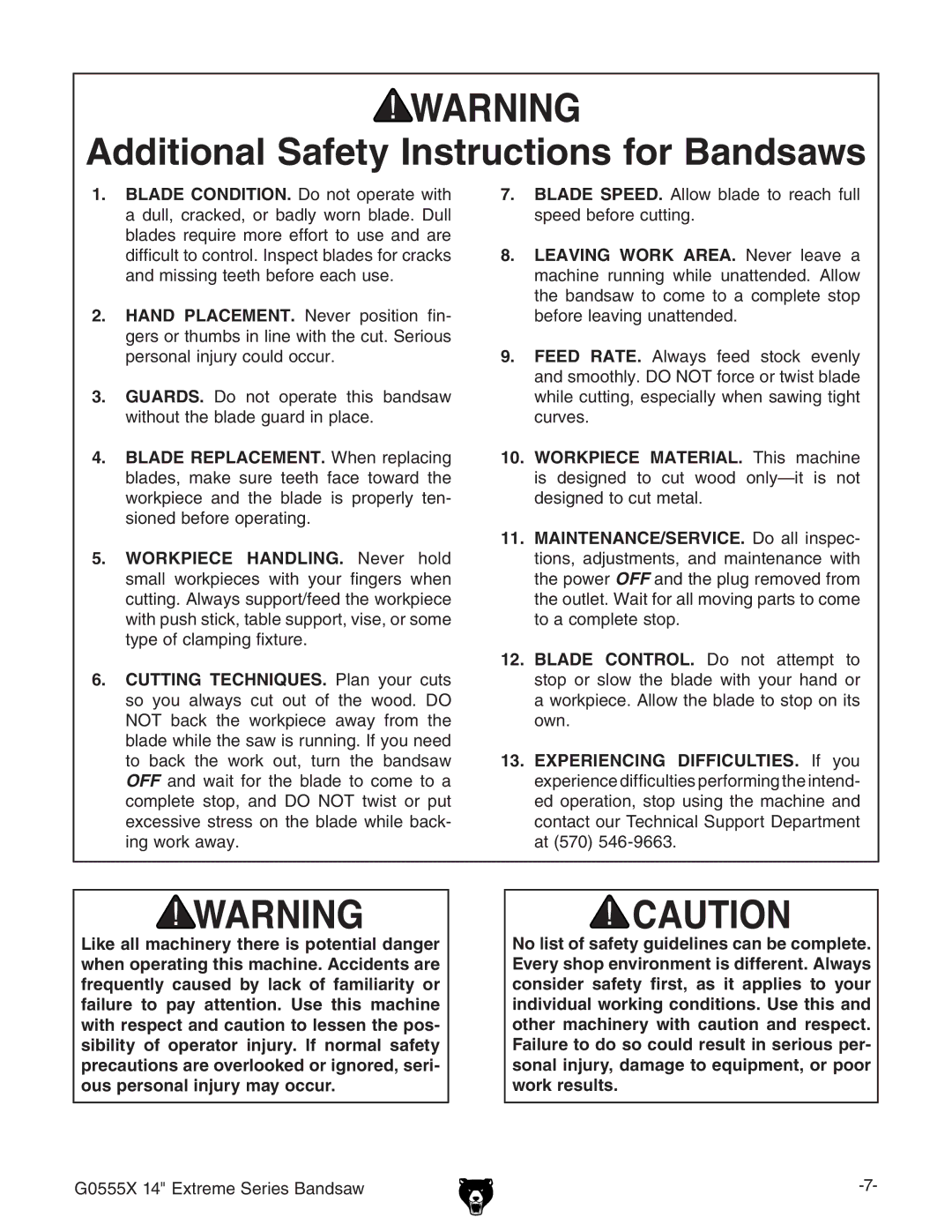 Grizzly G0555X owner manual Additional Safety Instructions for Bandsaws 