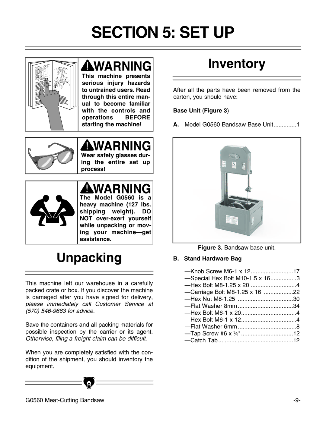 Grizzly G0560 instruction manual Set Up, Unpacking, Inventory, Base Unit Figure, Stand Hardware Bag 