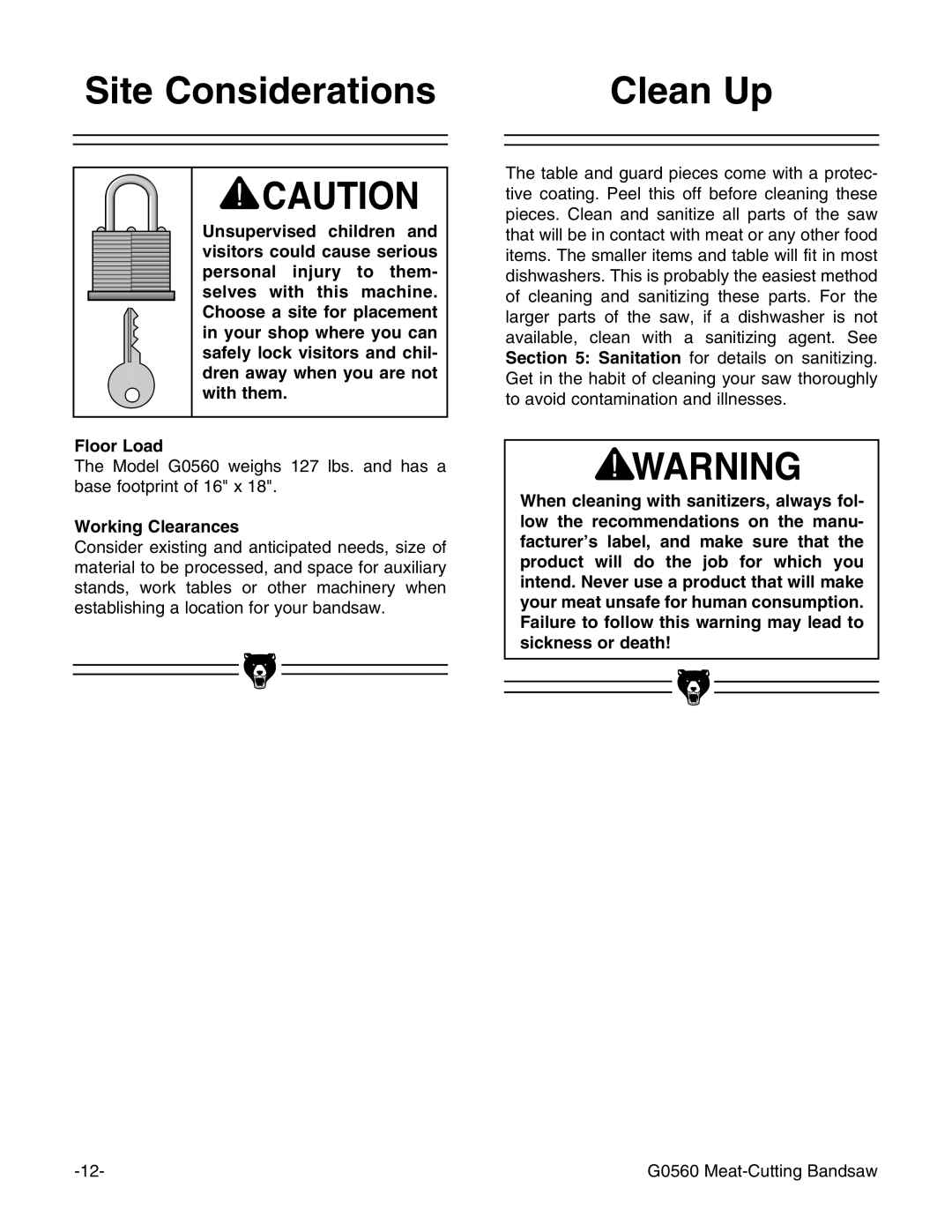 Grizzly G0560 instruction manual Site Considerations Clean Up, Working Clearances 