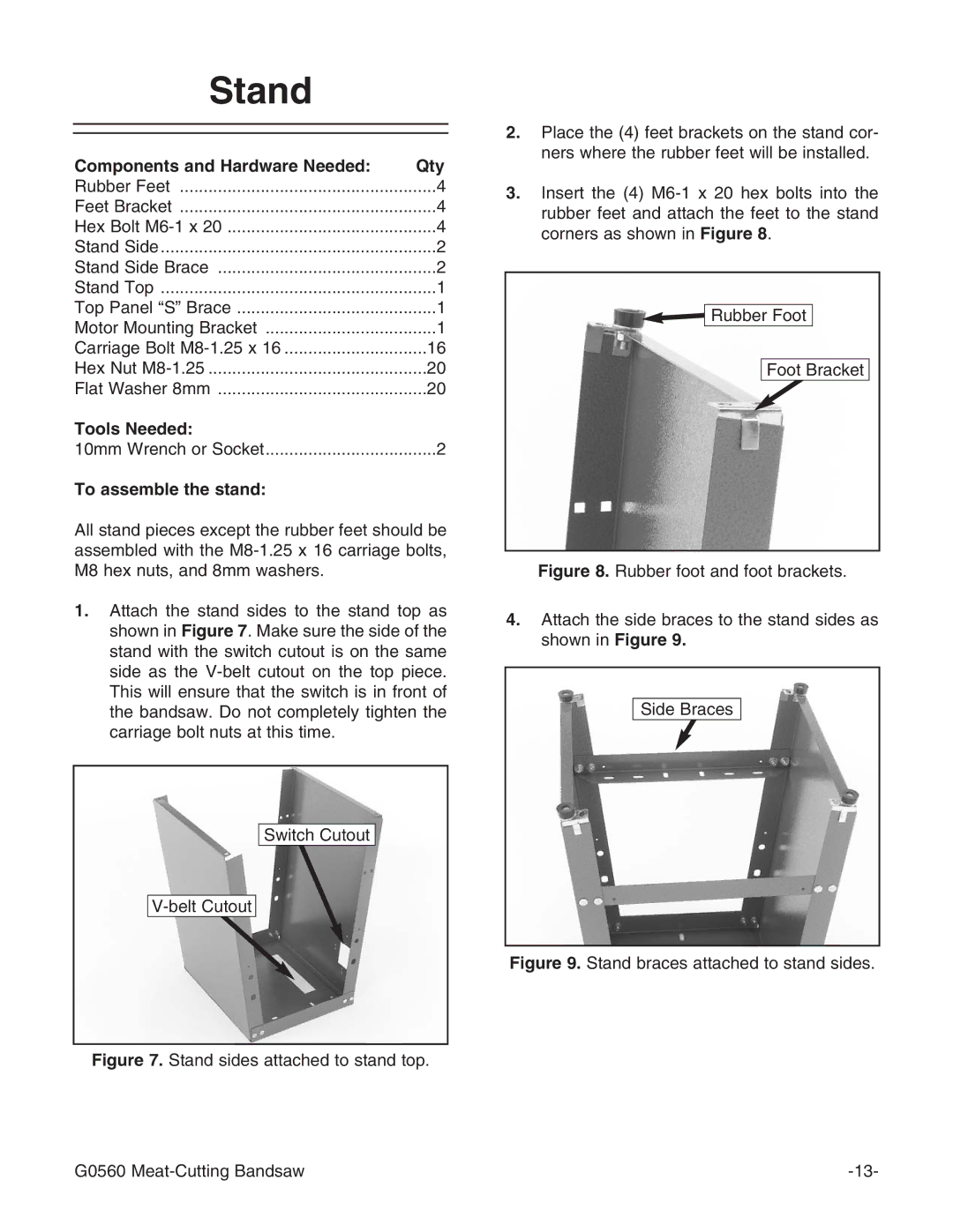 Grizzly G0560 instruction manual Stand, Components and Hardware Needed Qty, Tools Needed, To assemble the stand 