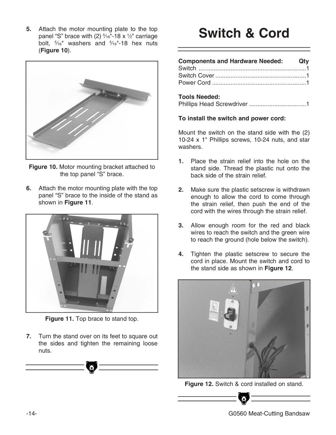 Grizzly G0560 instruction manual Switch & Cord, To install the switch and power cord 