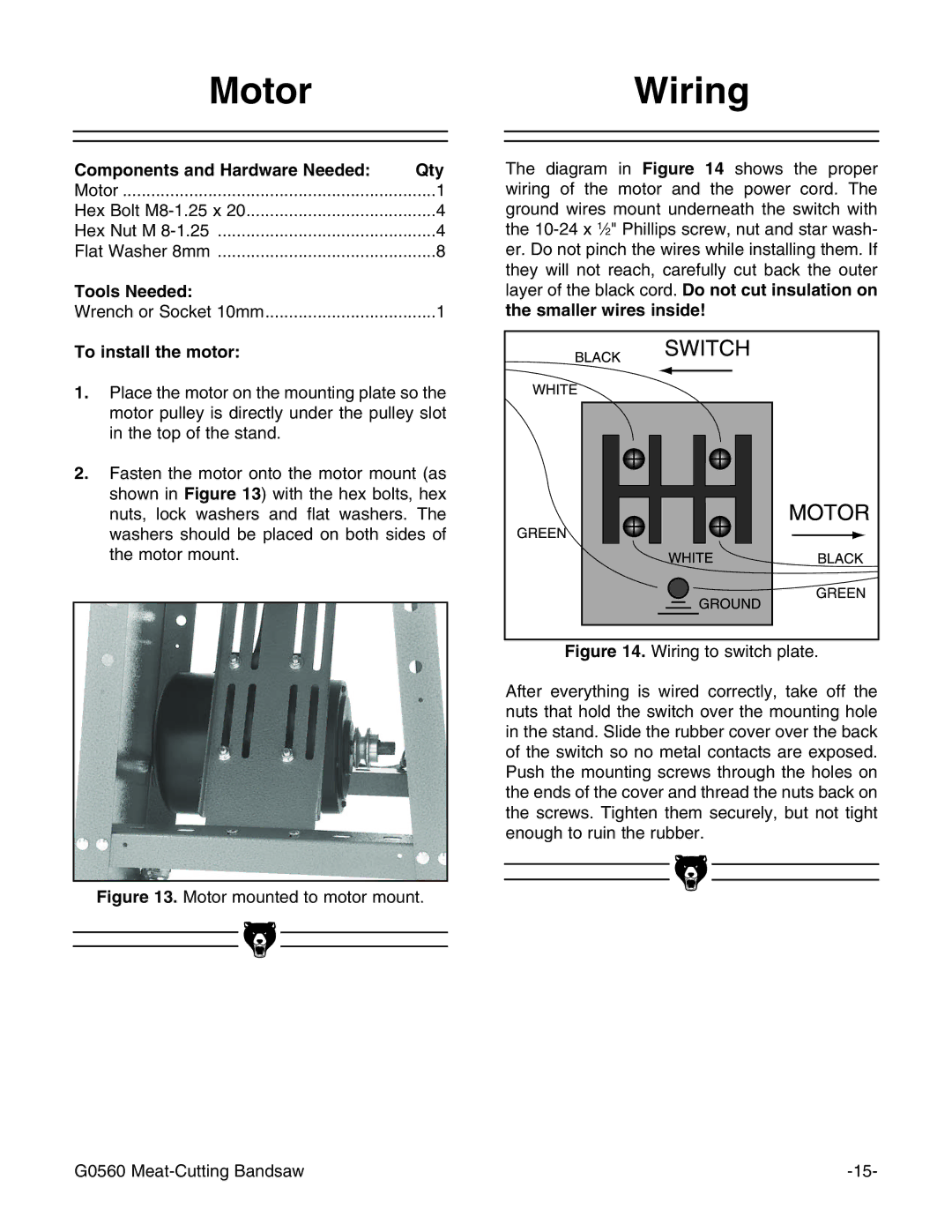 Grizzly G0560 instruction manual MotorWiring, To install the motor 