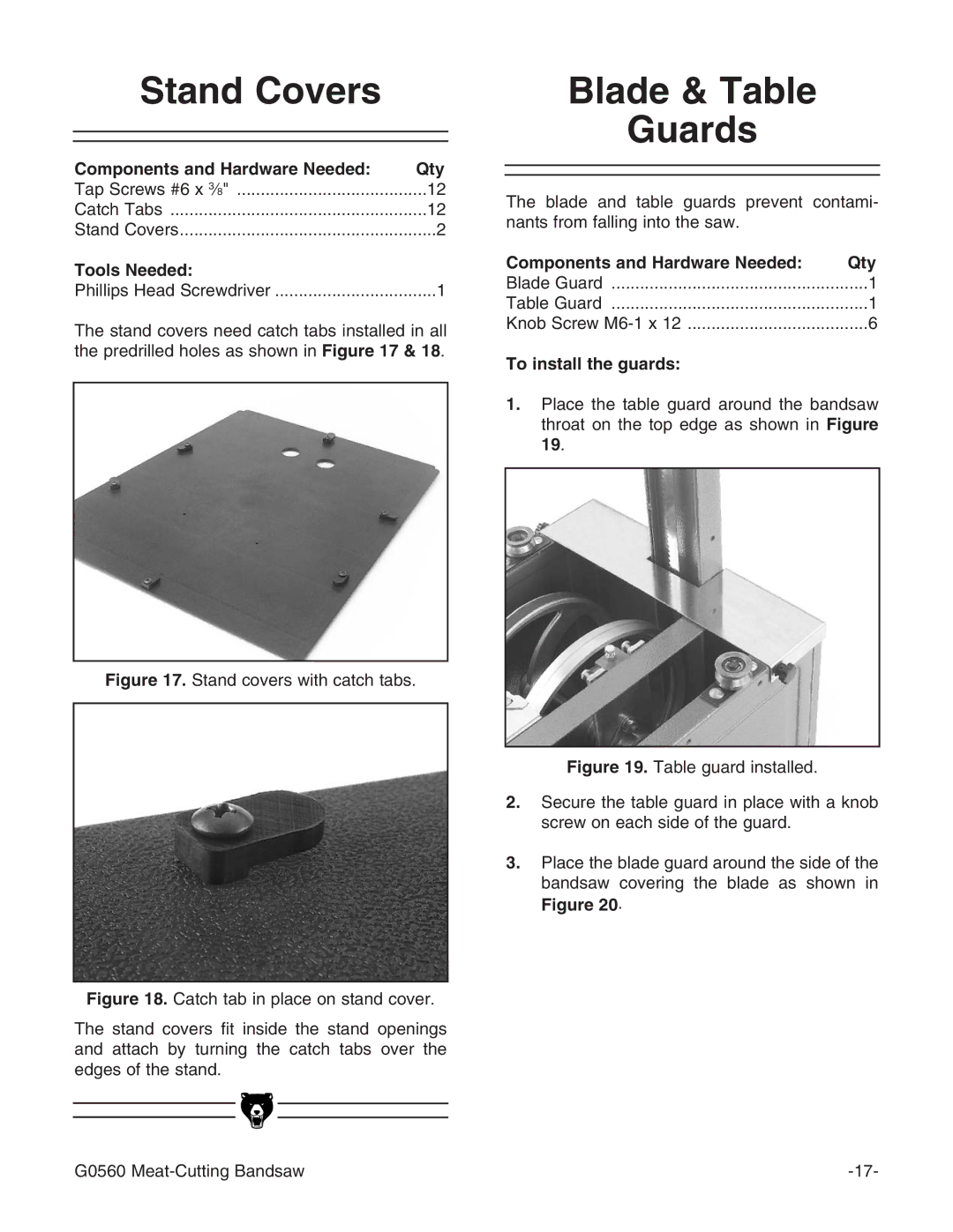 Grizzly G0560 instruction manual Stand Covers, Blade & Table Guards, To install the guards 