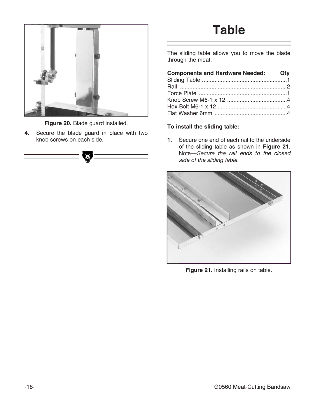 Grizzly instruction manual To install the sliding table, Installing rails on table G0560 Meat-Cutting Bandsaw 